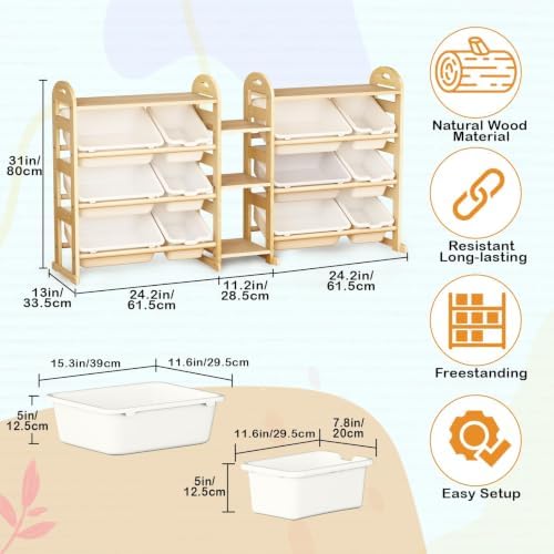 Toy Storage Organizer, 59.6" W White 5-Shelf Bookcase/Bookshelf with 12 Toy Bins, Large Toy Organizers and Storage, Toy Box for Playrooms, Bedrooms Organization - Image 3