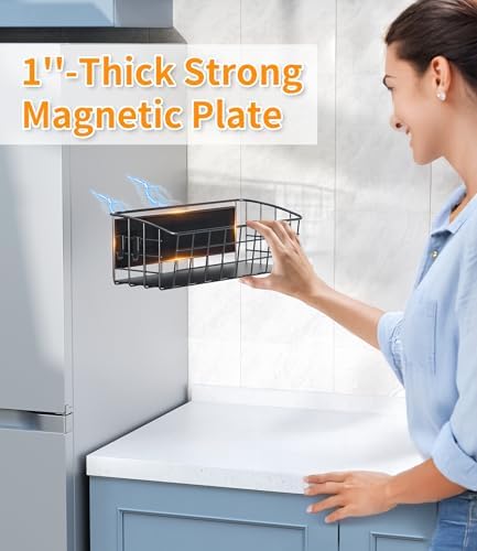 2Pack Magnetic Shelf for Refrigerator with Removable Hooks(Black) - Image 5
