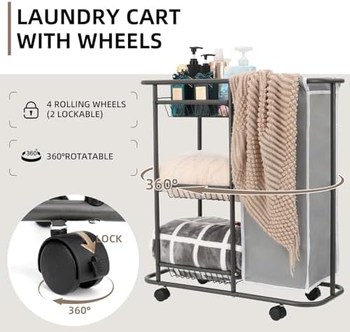 Skinny 3-Tier Rolling Laundry Cart with Wheels 45L Small Space, Grey - Image 2