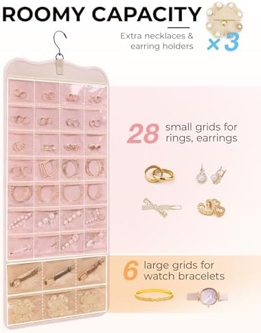 BAGSMART Hanging Jewelry Organizer Storage with Hanger Metal Hooks Double-Sided Jewelry Holder for Earrings, Necklaces, Rings on Closet, Wall, Door, 1 piece Large Pink - Image 2