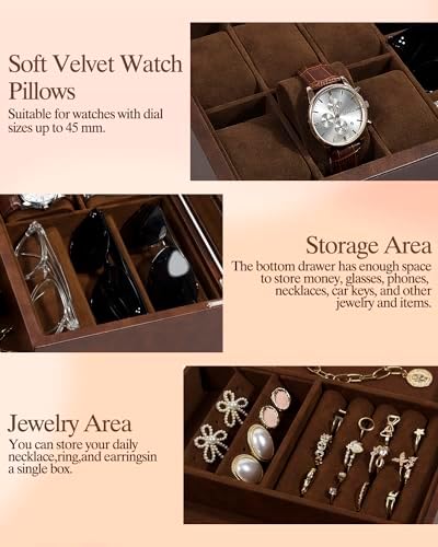 GUKA Watch box, 6 Slot Watch Case, 3 Slot Sunglass Organizer, Watch Cases for men with Real Glass Lid, Watch Organizer storage with Jewelry Case, Birthday for Men and Women, - Image 5