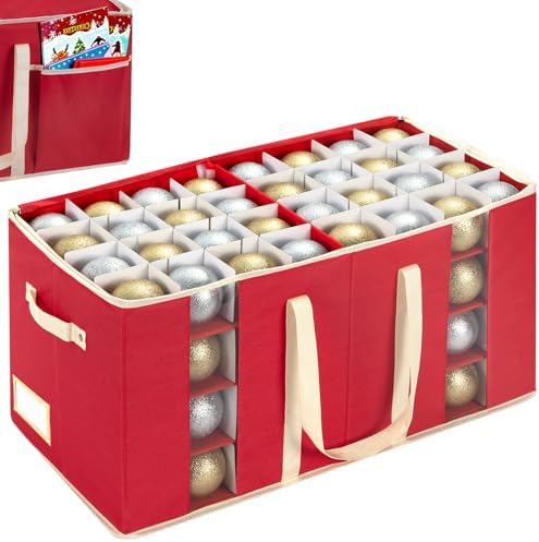 JY COOKMENT Christmas Ornament Storage Box with Adjustable Dividers, Large Holiday Ornaments Storage Container Bin with Zippered Top for Xmas Decorations (128-3" Balls, Red, Without Tray) by JYCOOKMENT