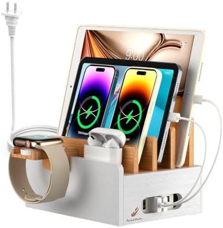 Pezin & Hulin Bamboo Charging Station with USB Charger&Cables-Natural+White by PezinHulin
