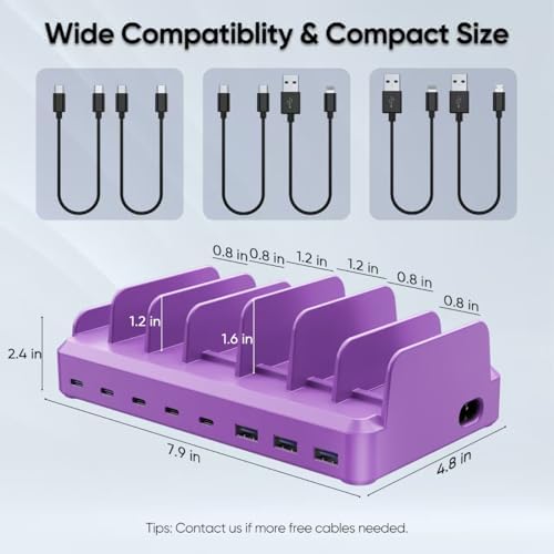 300W Charging Station for Multiple Devices, 8 Port Multi USB C Fast Charger Station Dock for MacBook iPhone 16/15/14/13/12 Samsung Pixel Series iPad, Purple (6 Mixed Short Cables Included) - Image 5