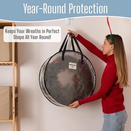 VENO 4 Pack Summer Wreath Storage Container, 24 Inch Clear Wreath Bag, Spring, Christmas Garland Decoration Organizers with Zipper and Durable Handles (Clear, 24"-4 Pack) - Image 3