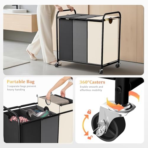 180L Laundry Sorter 3 Section, Rolling Laundry Basket with Wheels and Lid - Image 3