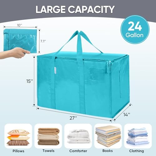 TICONN 4 Pack Extra Large Moving Bags Heavy Duty with Zippers & Carrying Handles, Durable Storage Bags Moving Boxes for Closet Organizers and Storage (4 Pack, Aqua) - Image 5