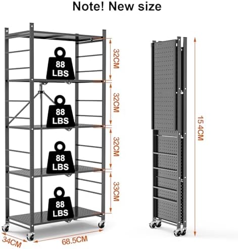Himix 5-Tier Foldable Storage Shelves with 20 Hooks Wheels Grey Display - Image 2