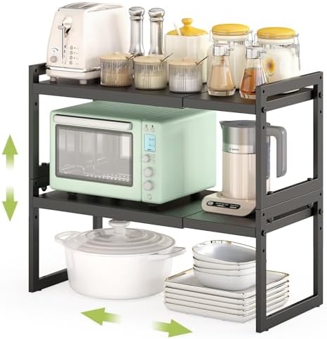 DOLALIKE Expandable Kitchen Countertop Organizer, Stackable Cabinet Shelf Organizers, Space Saving Spice Rack Pantry Storage for Bathroom Office Organization (Black, 2 Pack) by DOLALIKE