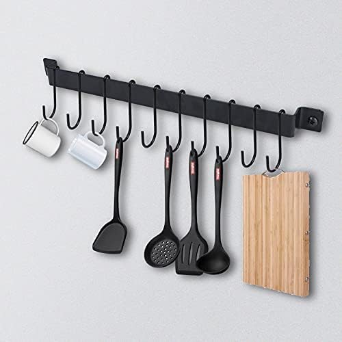 Wrought Iron Kitchen Holder: 10-Hook Wall-Mounted Utensil Rack with Black Finish - Ideal for Pots, Pans, Coffee Mugs - Image 3