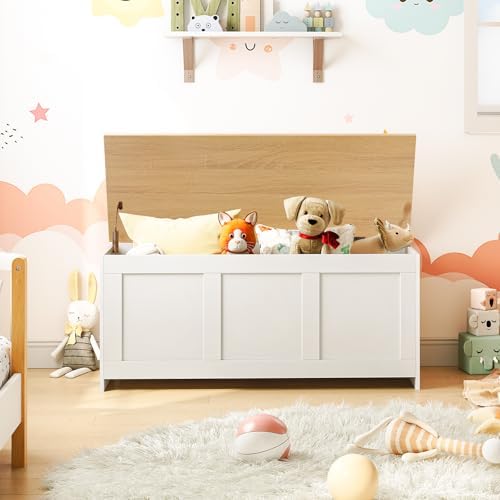 HOOBRO Storage Bench, 39.3" Retro Wooden Storage Chest, Wooden Storage Trunk, Toy Chest with Lift Top, Multifunctional Entryway Organizer, for Entryway, Living Room, White and Natural WN141CW01G1 - Image 5