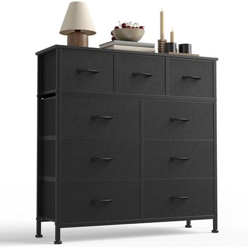 Sweetcrispy 9-Drawer Fabric Dresser Storage Tower with Wood Top, Black by Sweetcrispy