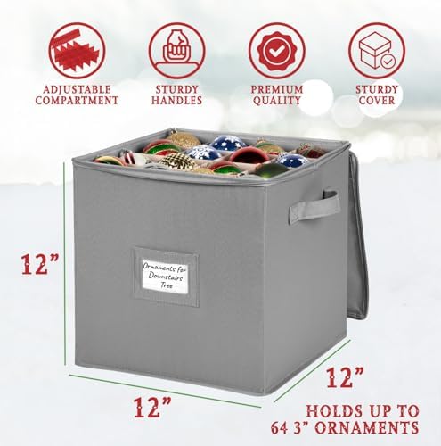 HOLDN’ STORAGE Christmas Ornament Storage Box - Christmas Decor Storage Containers that Store up to 64 – 3” x 3” Holiday Xmas Ornaments – Adjustable Compartment To Fit Many Sizes Ornaments – Grey. - Image 3