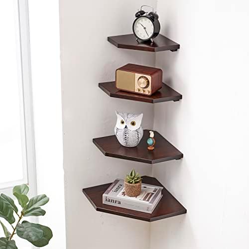 Corner Wall Shelves Set 2 Solid Oak Wood with Wire Hole Wall Mount,Walnut - Image 2