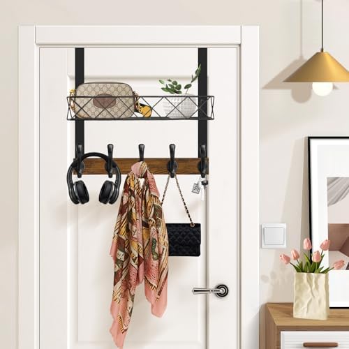 YINMIT Over The Door Hooks Organizer, Over The Door Hanger with Basket, Over The Door Towel Rack with 5 Metal Hooks, Over Door Hanger for Bathroom, Bedroom, Kitchen - Image 2