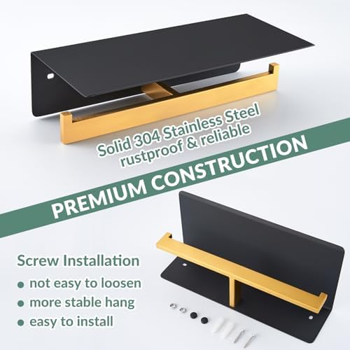 APLusee Double Toilet Paper Holder with Shelf, Black Gold, Wall Mounted - Image 5