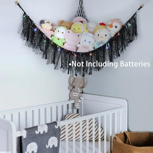 Stuffed Animal Hammock with LED Lights - 59 Inch Large Toy Storage Net for Kids Bedroom, Wall-Mounted Plush Organizer with Wooden Rings, Nursery Decor (Handwoven, Black) - Image 5