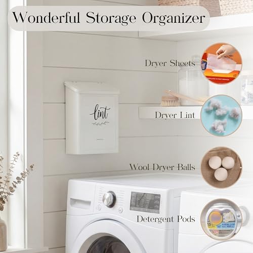 Perfnique Magnetic Lint Bin for Laundry Room with Lint Brush, Wall Mounted Lint Holder Trash can with lid for Dryer, Modern Farmhouse Rustic Metal Laundry Room Storage Organization and Decor(White) - Image 2