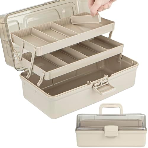 TERGOO 12.5in 3-Layer Multipurpose Craft Organizers and Storage with Adjustable Dividers, Portable Tackle Box, Folding Art & Craft Case for Medicine, Tool, Sewing Organizer (Brown) by Focusonefficientstorage