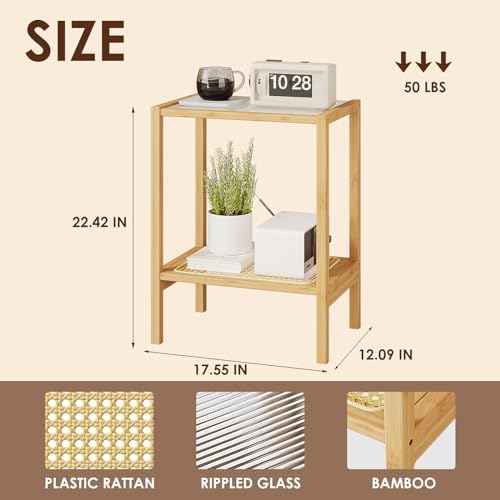 Bamworld Side Table Nature Rattan End Table 2-Tier with Storage Boho - Image 2