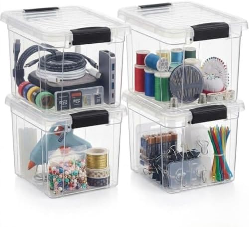 Superio Small Clear Storage Boxes with Lids, 4.75 Quart Plastic Container Bins for Organizing, Stackable Crates, BPA Free, Non Toxic, Odor Free, Organizers for Home, Office and Dorm, 4 Pack by Superio