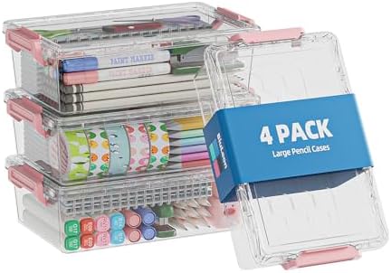 BiuLeon 4 Pack Extra Large Pencil Box, Plastic Pencil Case Organizer, Clear Crayon Box Marker Organizer, Stackable Craft Organizers and Storage for Pen, Craft, Art Supply(Pink) by Unknown