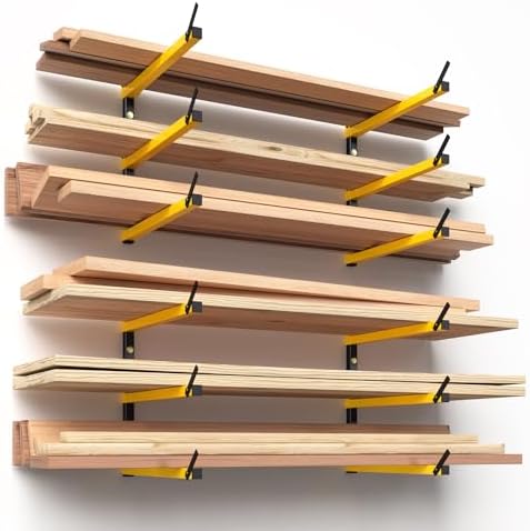 GREENER Lumber Storage Rack Folding Wood Storage Racks Wall-Mounted Metal Racks for Storage with 3-Level Heavy Duty Garage Wood Organizer for Woodworking Shop Indoor & Outdoor Use, 4 pairs,Yellow - Image 2