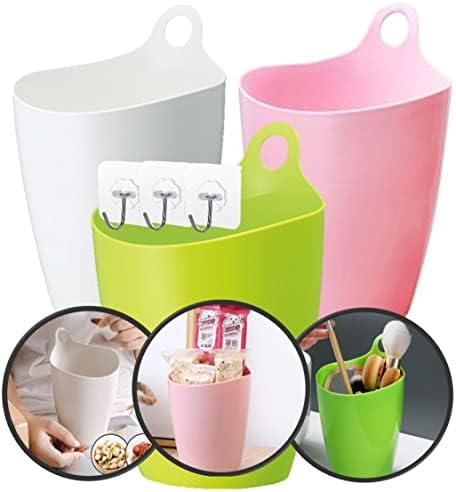 QUALIALL Declutter and Organize with Our Hangable Desktop Trashcan - Small, Multifunctional, and Stylish - Perfect for Makeup Brushes, Lint, and More! Plastic Pink Green White, 3packs by QUALIALL