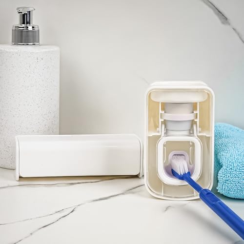 Toothbrush Holder Wall Mounted with Cover for Bathroom, 6 Slots Toothbrush Storage Organizer for Shower, Self Adhesive Toothbrush Hanger with Automatic Toothpaste Squeezer Dispenser (White) - Image 5