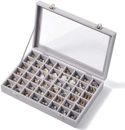 48 Grid Earring Organizer and Storage: Velvet Jewelry Tray with Lid, Jewelry Box for Studs, Earrings, Rings, Necklaces, Dresser & Vanity, Earrings Case Organizer for Girls, Women, 13"x8.6"x2.4", Grey by Josmimic