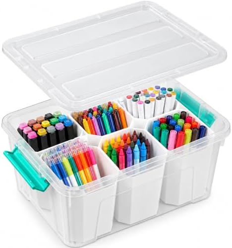 EOENVIVS Clear Storage Boxes with 6 Tall Inserts, Large Plastic Organizer Box with Lid and Handles, 15.94x11.61x7.28 Inches, Multi-Functional Container for Cosmetics, Toys, School Supplies by EasyCozyHomey