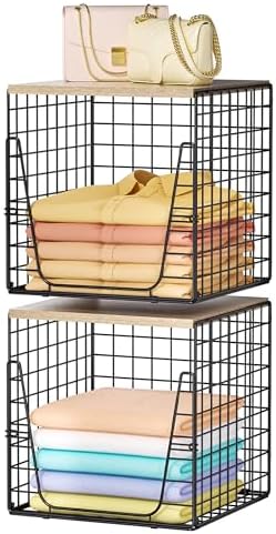 SWTYMIKI 2PCS Closet Organizers and Storage - Stackable Closet Basket with Wood Top Shelf, Clothes Storage Shelves, Clothes Drawer Bins for Wardrobe, Bedroom, Entryway, Black by SwtyMiki-TidyHomeSweetLife
