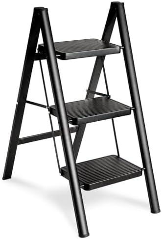 Double Elite Folding 3 Step Ladder, Sturdy Small Step Stool for Adults, Safer Full Steel Multi-use Kitchen Ladder for Home, Closet Step Stool Ladder with Wide Pedals, Black, 3-Step by DoubleElite