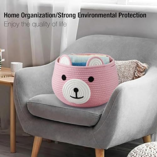 PandaEar Cotton Rope Baby Basket, Baby Gift Basket Nursery Laundry Organizer with Cute Bear Design for Storage Infant Newborn Essentials, Diaper Caddy with Handle (Pink) - Image 4