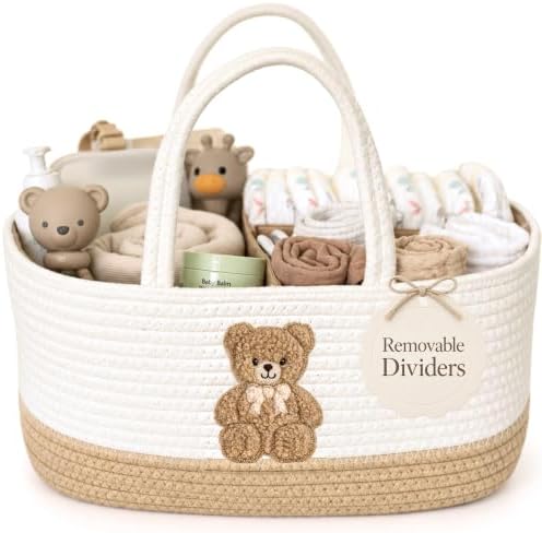 Baby Diaper Caddy Organizer, Teddy Bear Cotton Rope Nursery Basket by KeminaBlankets