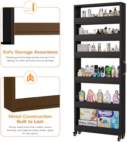 Slim Storage Cart, Lightweight 6 Tier Metal Rolling Utility Kitchen Cart on Wheels, Mobile Storage Shelving Unit Organizer for Bathroom Laundry Office Narrow Places (Black, 6" D) - Image 6