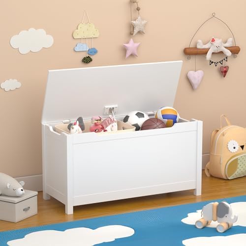 Kids Toy Box Chest, Large Wooden Storage Trunk Bench with Safety Hinged Lid for Ages 3+ White by BAOMKONG