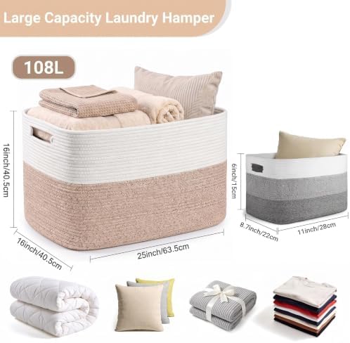 Large Laundry Baskets/Hamper, 25”x16”x16” Rectangle Woven Baskets for Toy Storage, Baby Blanket Basket in Living Room,Shelf Basket With Handle,Large White/Brown - Image 2