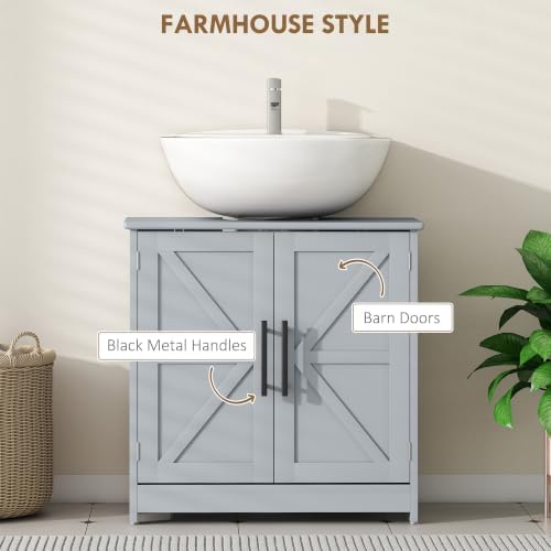 HOMCOM Pedestal Sink Storage Cabinet, 2 Barn Doors, Dark Gray - Image 5
