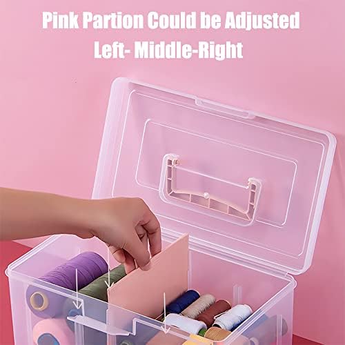 Clear Plastic Office Supply Art & Craft Storage Box, Sewing Box Organiser Large with a Removable Tray & Adjustable Partition, Portable Travel Makeup Case (Clear & pink) - Image 3