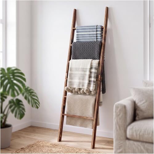 6-Tier Blanket Ladder Wooden, 5.7FT(66.5'') Blanket Quilt Towel Holder Rack Decorative Ladder, Easy Assembly, Rustic Farmhouse Ladder Shelf for The Living Room Bedroom Bathroom Home Decor, Brown by Delywh