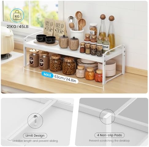 Cawukege Expandable Cabinet Organizer Shelf, Metal Countertop Storage Shelves, Heavy Duty Adjustable Spice Rack Stackable for Kitchen Pantry Storage Rack (White, 14.2-24.8" L x 10.63" W x 8.66" H) - Image 6
