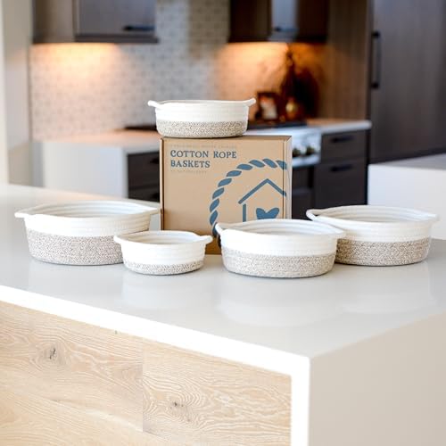 NaturalCozy 5-Piece Round Woven Cotton Rope Storage Baskets for Organizing, Small Shallow Nesting Set for Montessori Toys, Entryway Catchall, Fruit Bowl, Key Tray, Remote Holder, Nursery & Pet Toys - Image 2