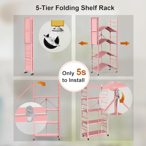Himix 5-Tier Folding Storage Shelves with 20 Hooks Wheels Home Pink - Image 5