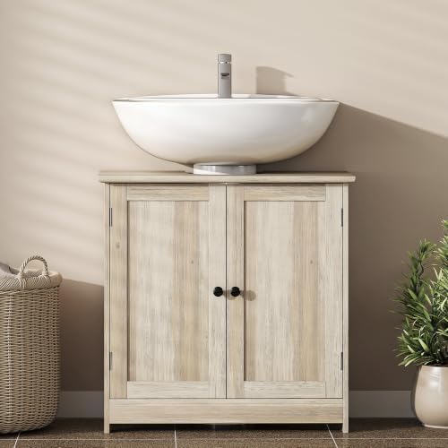 HOMCOM Under Sink Bathroom Cabinet with 2 Doors, Shelf, U-Shape, Oak - Image 6