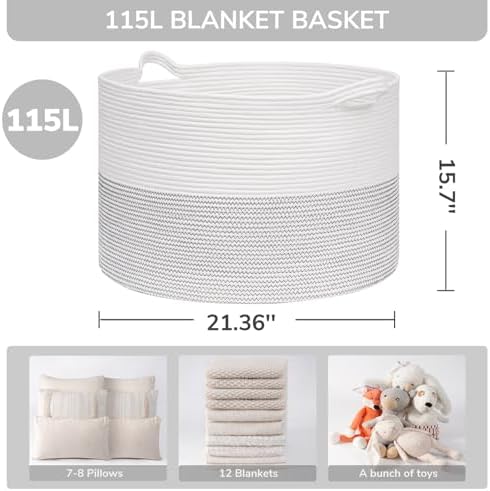 INDRESSME 115L Extra Large Woven Rope Blanket Basket Living Room, White - Image 2