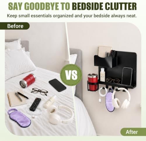 Floating Bedside Wall Shelf, Metal Wall Organizer with Detachable Cup Holde - Image 5