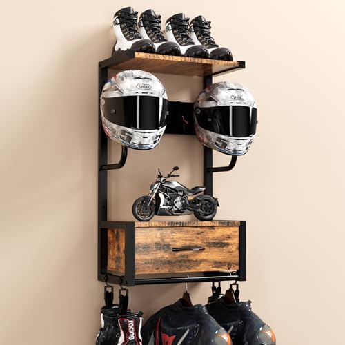Motorcycle Helmet Holder Wall Mounted, Helmet Holder Wall Mount with Helmets Rack and Hooks for for 6 Helmets, Riding Suits & Accessories, Sturdy Construction Storage Organizer for Entryway or Garage by OMISRUIS