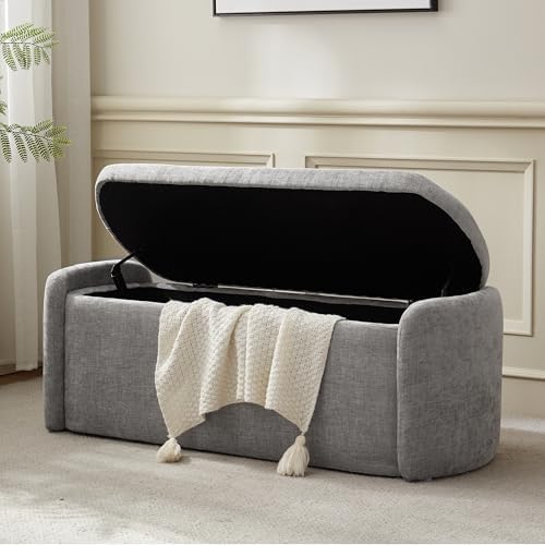 VKNOW 46" Oval Storage Ottoman Bench, Upholstered End of Bed Bench Ottomans Bench Foot Rest, Sherpa Storage Bench for Bedroom, Living Room and Hallway, Light Grey by VKNOW