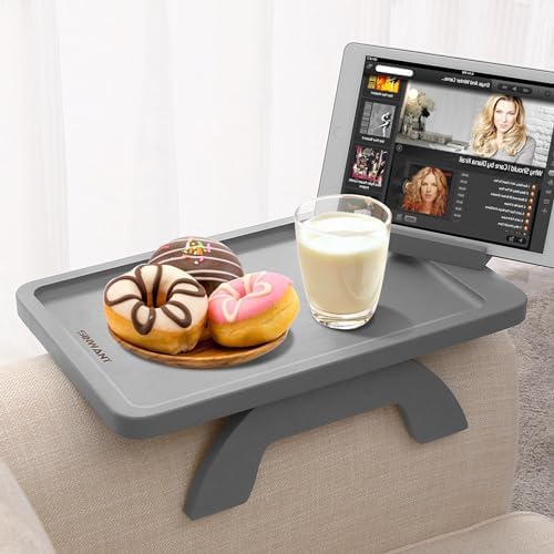 SINWANT Couch Armrest Table with 360° Rotated Phone Holder,Gray Bamboo by SINWANT